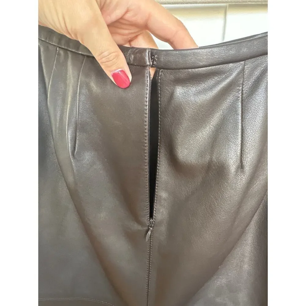 Lafayette 148 NY 100% Full Grain Brown Leather Pencil Skirt, Size 4P, Like New